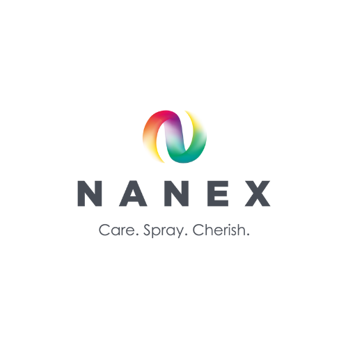 Logotyp för Nanex med en färgglad spiralformad symbol i rosa, orange, grönt och blått ovanför texten ‘NANEX’ och sloganen ‘Care. Spray. Cherish.’.