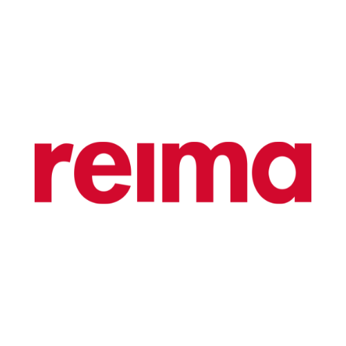Logotyp för Reima med namnet ‘reima’ i röd, rundad gemen text mot vit bakgrund.