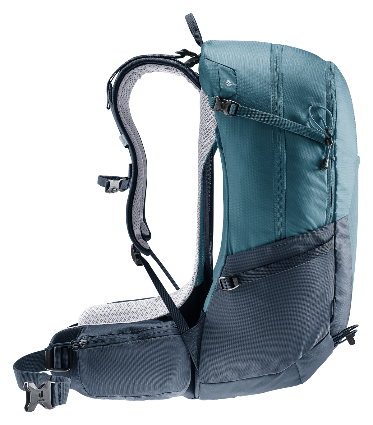 Deuter Futura 27 liters ryggsäck i blått med ventilerande Aircomfort-nätpanel, justerbara axelremmar och vadderat höftbälte för maximal bärkomfort under vandring - bild tagen från sidan