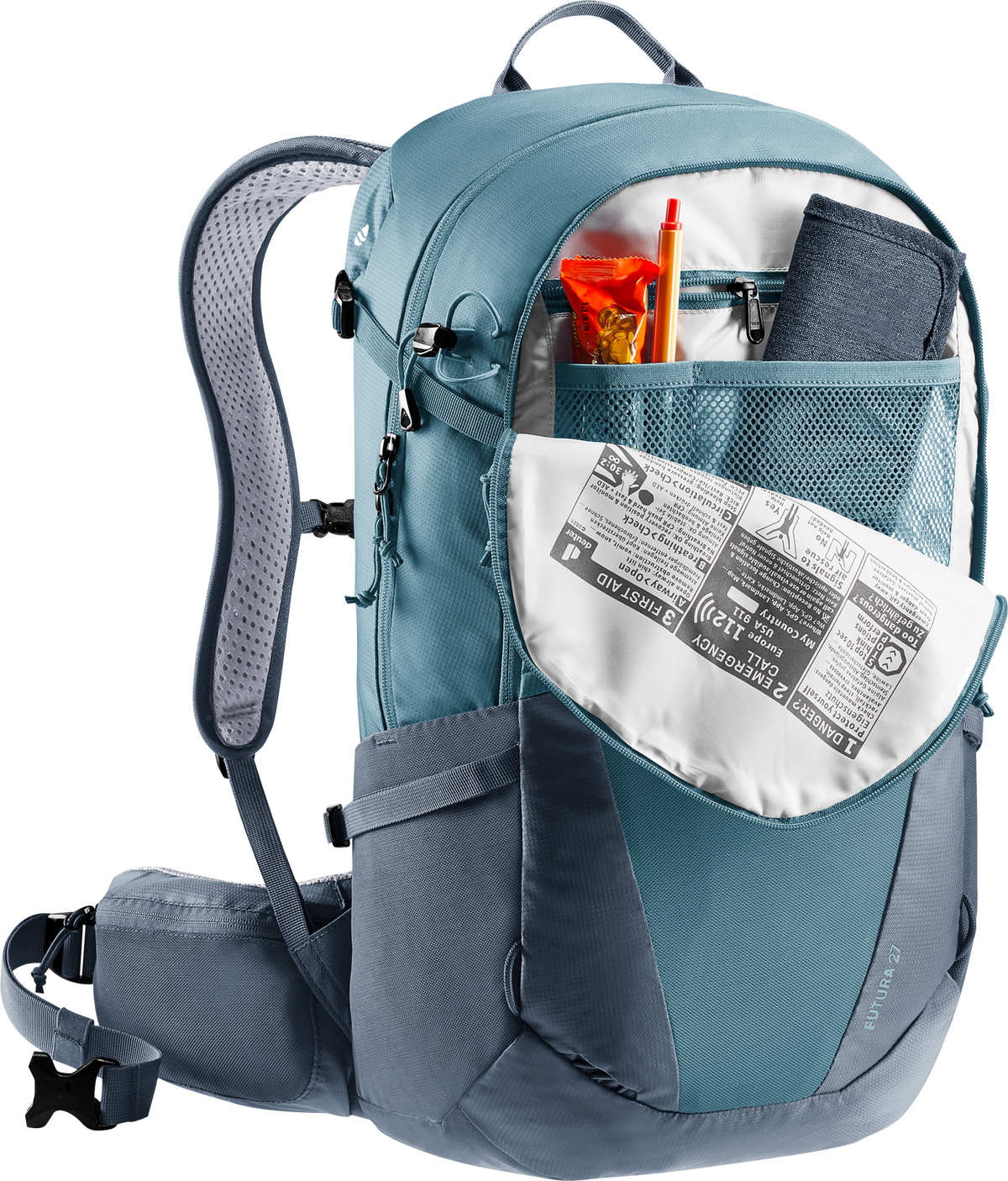 Deuter Futura 27 liter vandringsryggsäck i blått, visad med öppet frontfack som innehåller karta, snacks, penna och första hjälpen-instruktion – organiserad och funktionell design för dagsturer.