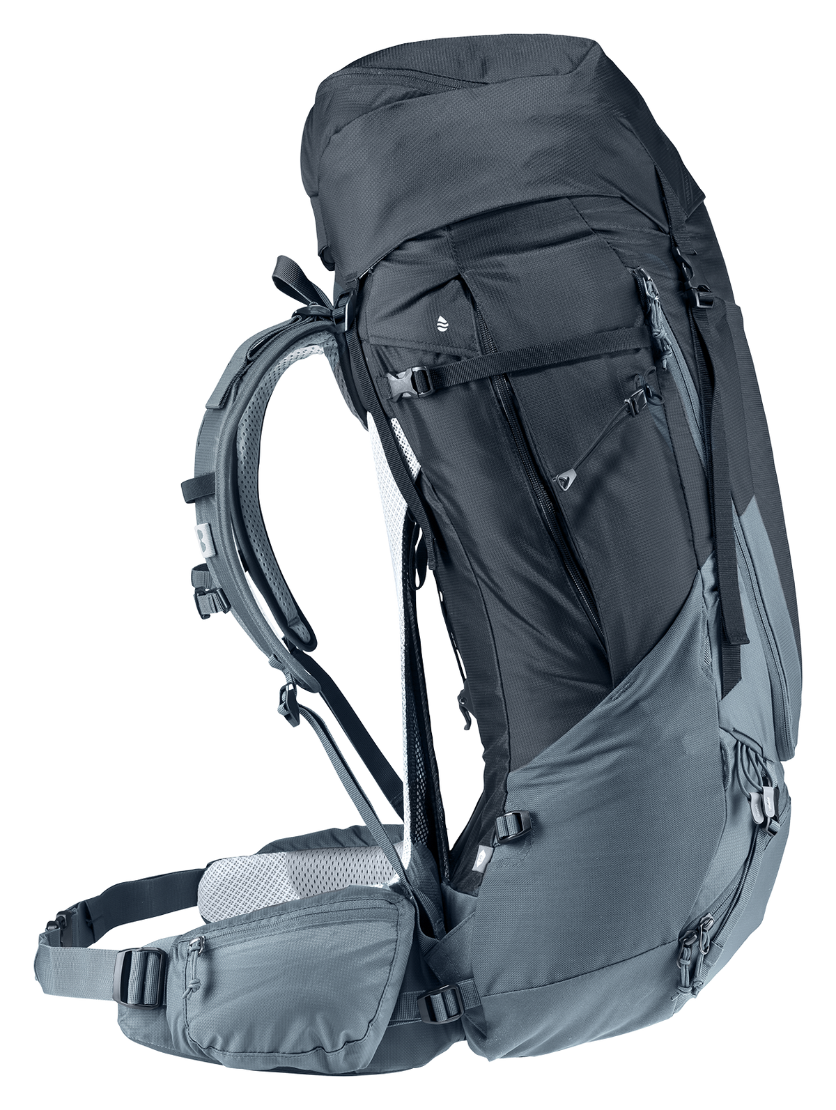 Deuter Futura Air Trek 55+10 SL ryggsäck i svart och grått, sedd från sidan med synliga justerbara axelremmar, rymliga sidofickor, dragkedjor och ett vadderat höftbälte med integrerade fickor – designad för långdistansvandring och optimal viktfördelning.