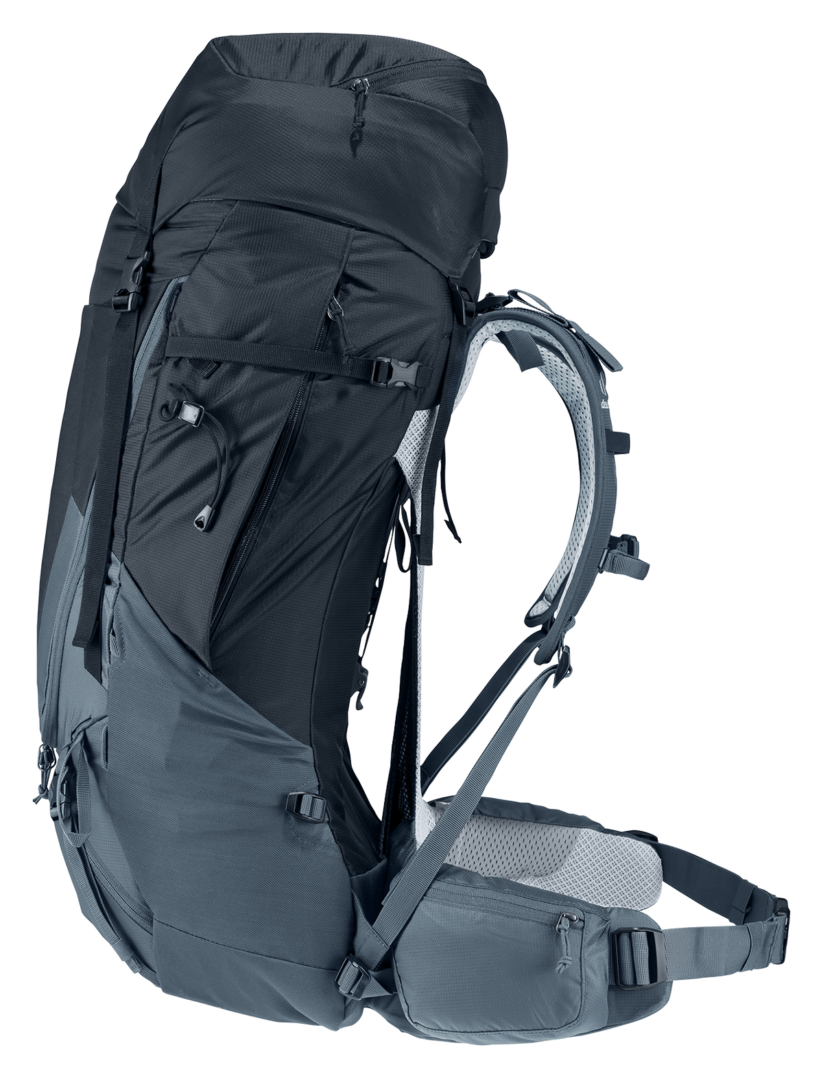 Deuter Futura Air Trek 55+10 SL ryggsäck i svart och grått, sedd från sidan med synliga justerbara axelremmar, rymliga sidofickor, dragkedjor och ett vadderat höftbälte med integrerade fickor – designad för långdistansvandring och optimal viktfördelning.
