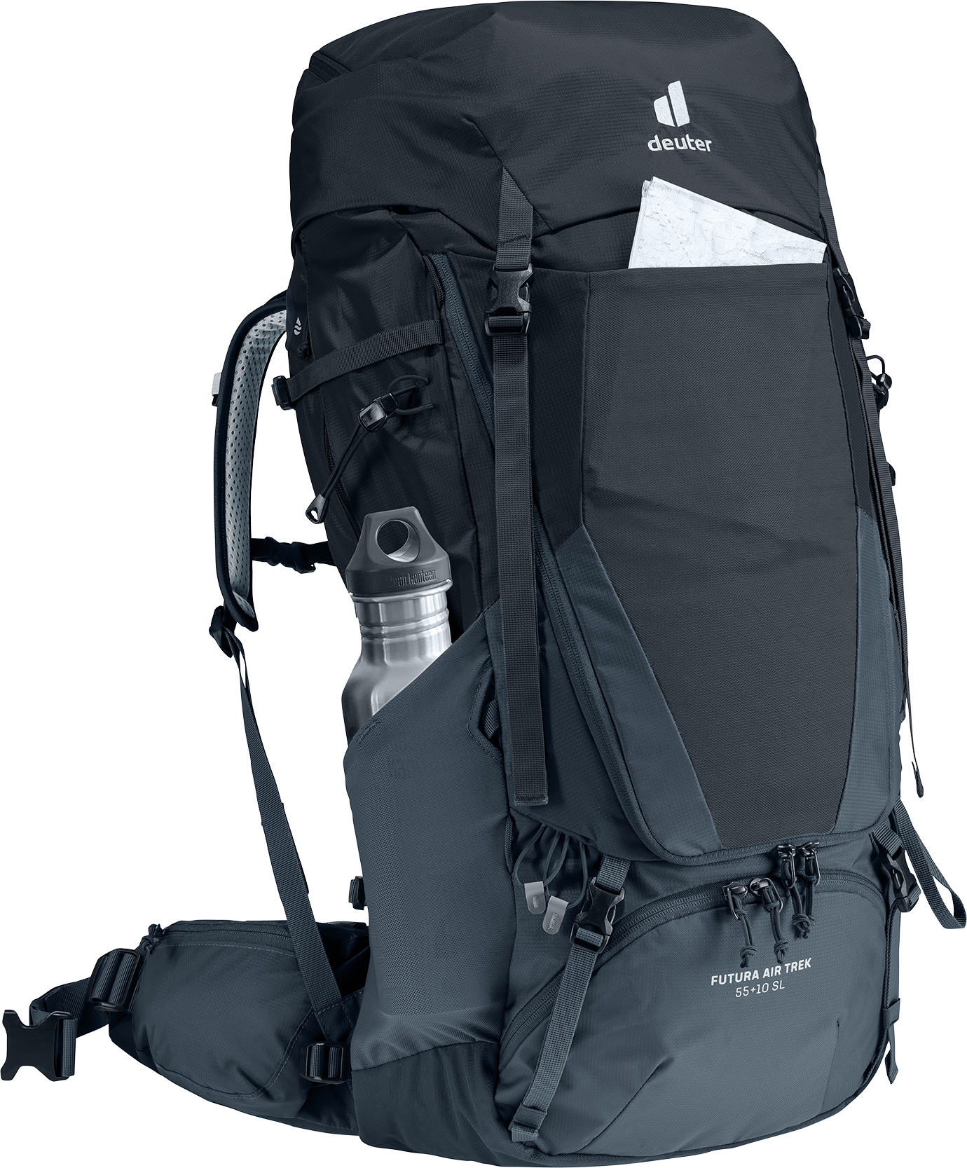 Deuter Futura Air Trek 55+10 SL vandringsryggsäck i svart och grafitgrå, framtagen för kvinnor – visad i profil med justerbart höftbälte, ventilerade axelremmar och flertalet spännen och fack för optimal packning på längre turer.