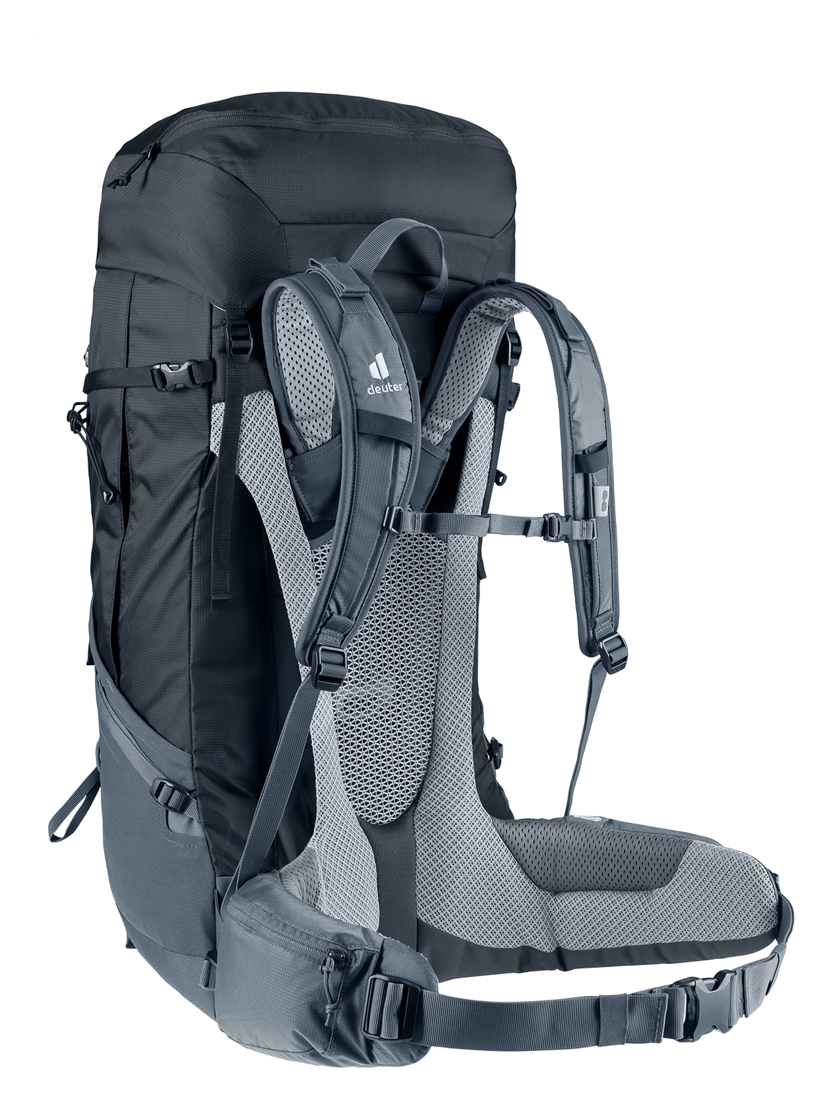 Deuter Futura Air Trek 60+10 SL – bakifrån, med fokus på det ergonomiska bärsystemet, ventilerad ryggpanel och vadderade axelremmar och höftbälte.