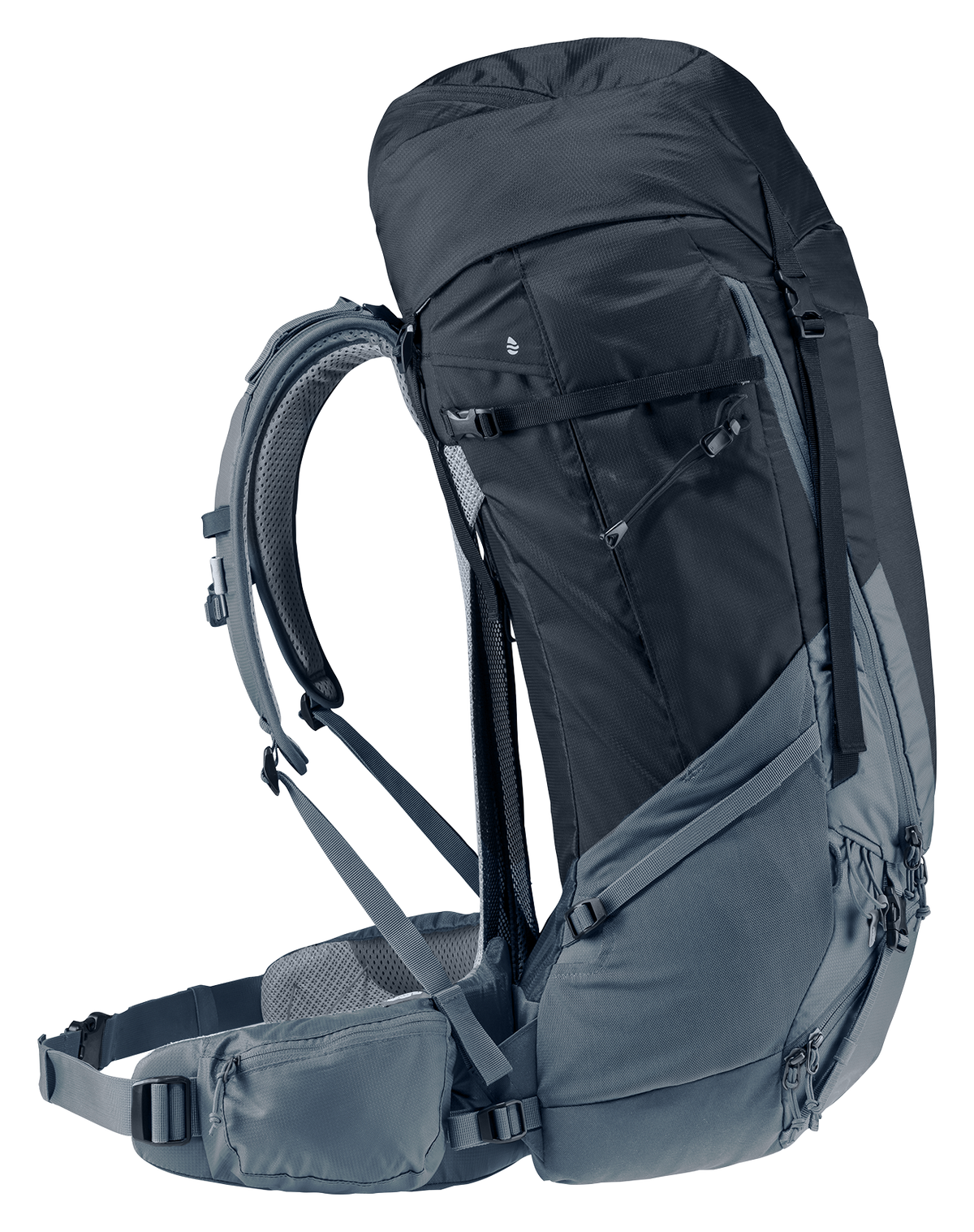 Deuter Futura Air Trek 60+10 SL – vy från sidan som visar ryggsäckens form, höftbälte med ficka, sidoficka för vattenflaska och justerbara remmar.