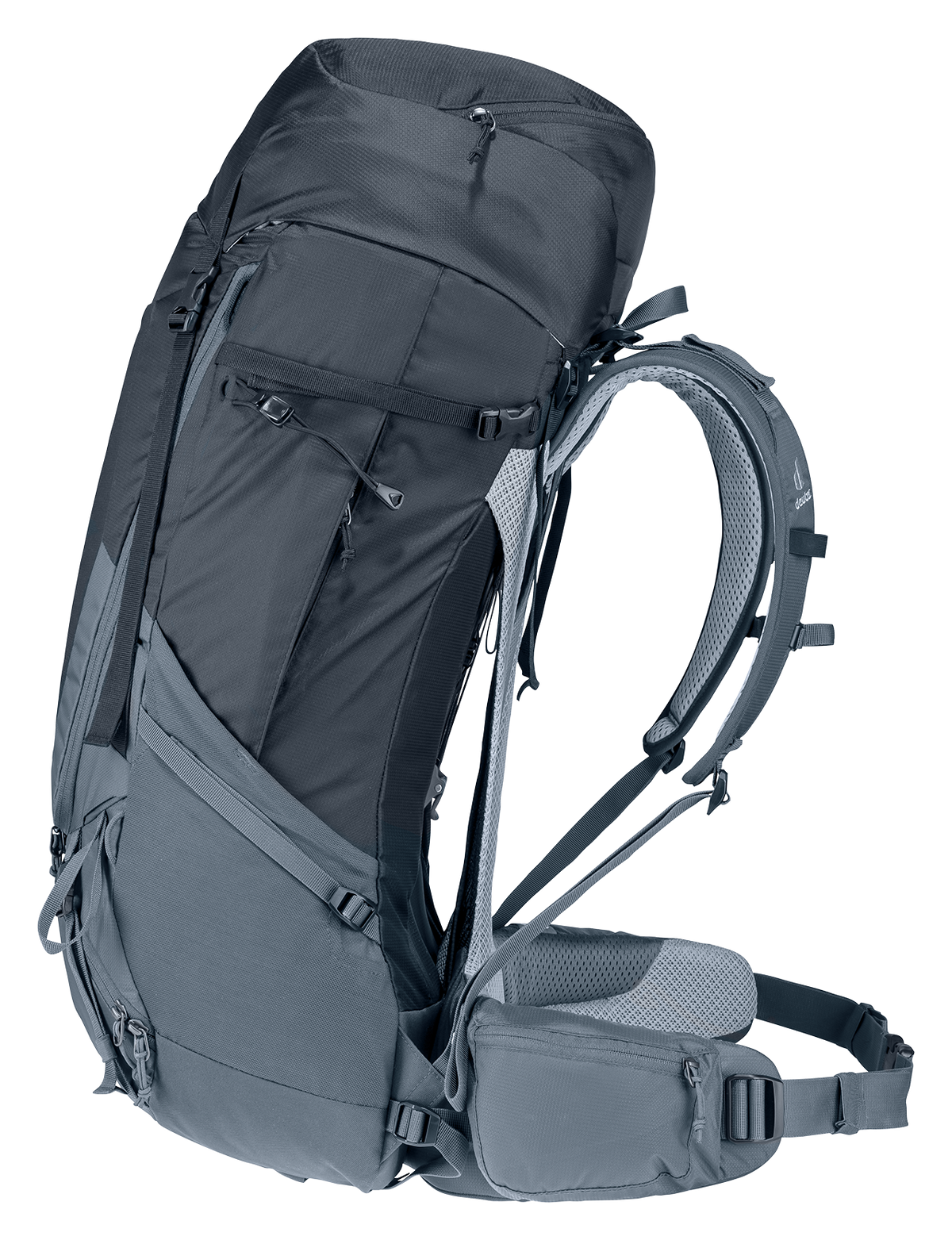 Deuter Futura Air Trek 60+10 SL – vy från sidan som visar ryggsäckens form, höftbälte med ficka, sidoficka för vattenflaska och justerbara remmar.