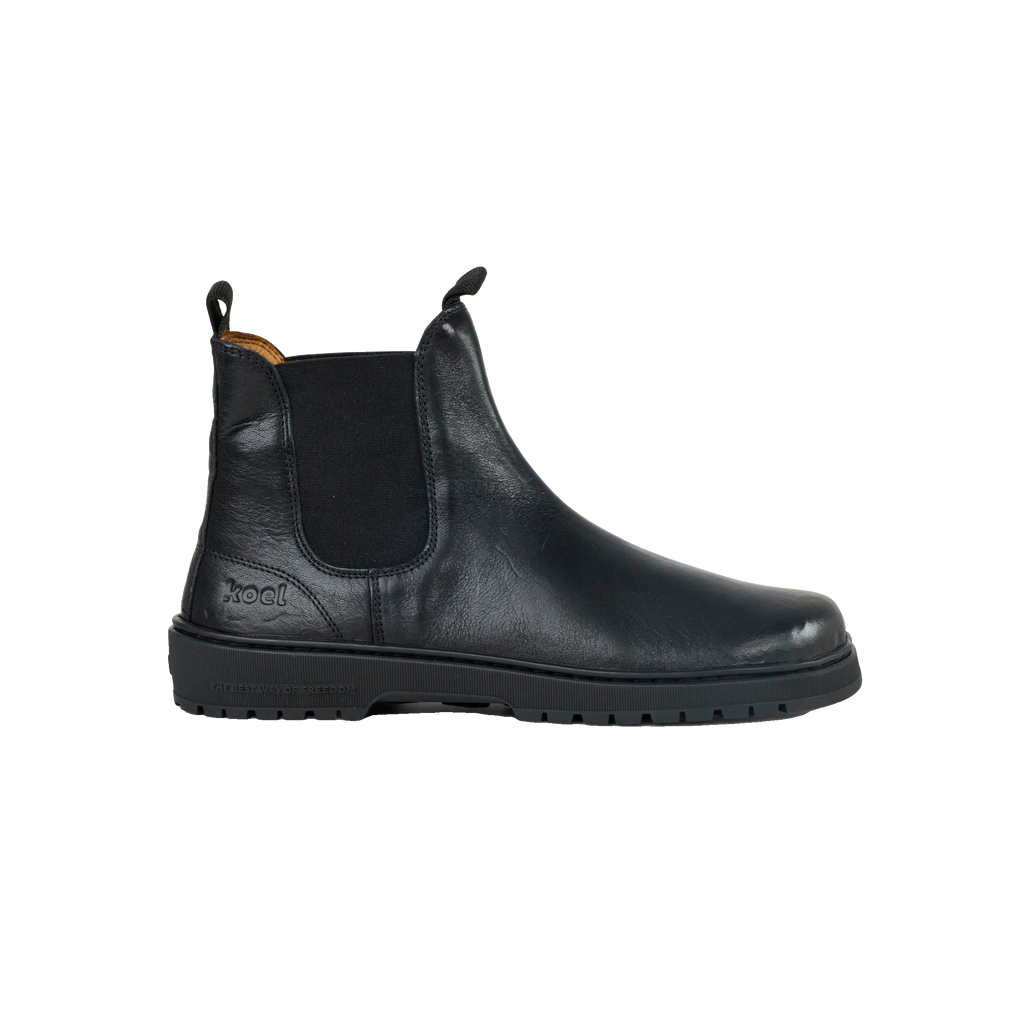 Koel Gavien Leather Dam Black – barfota-chelseaboot i svart läder, sidovy