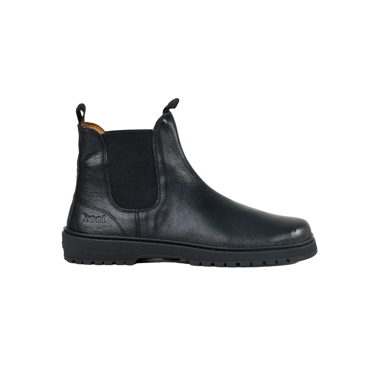 Koel Gavien Leather Dam Black – barfota-chelseaboot i svart läder, sidovy