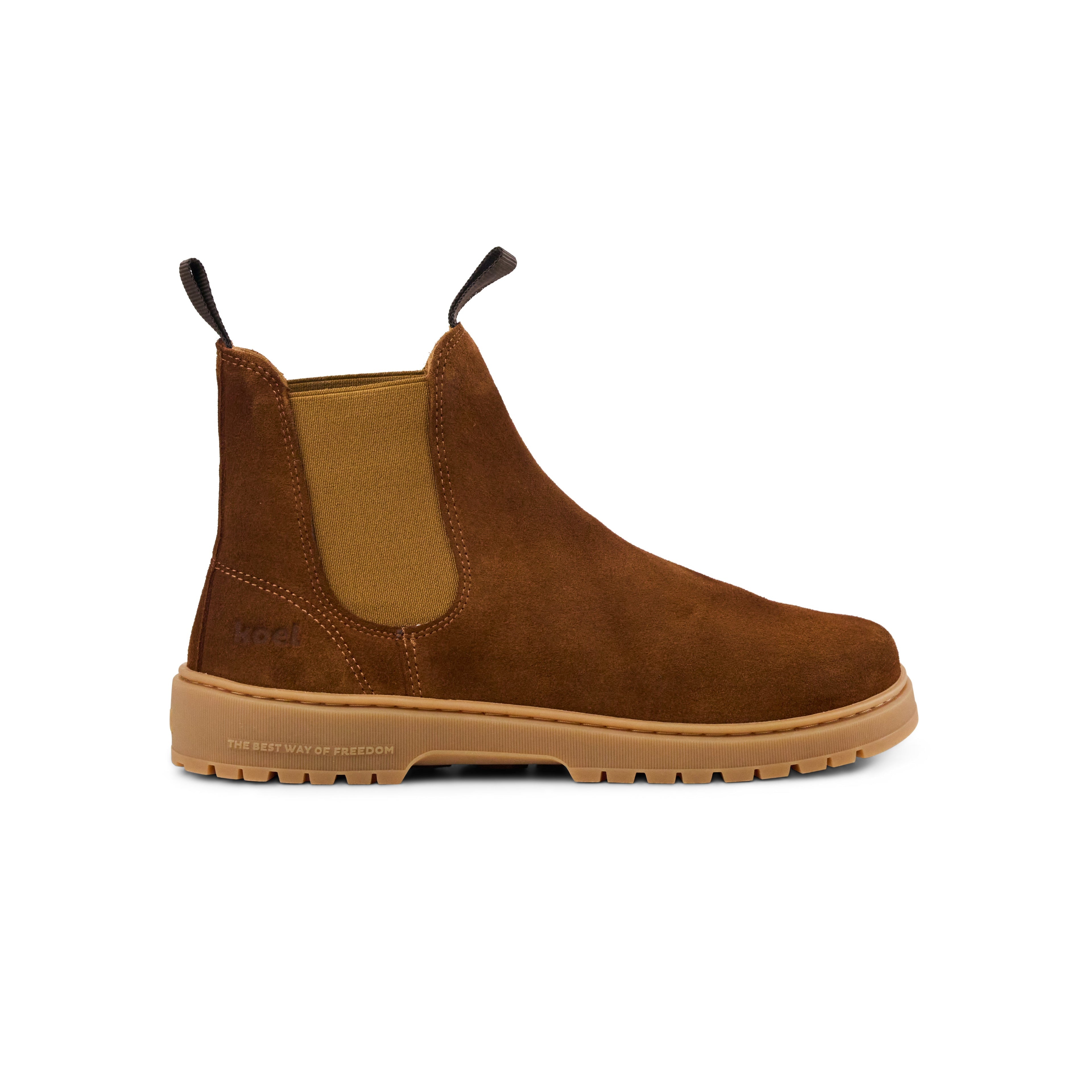 Koel Gavien Suede Dam Cognac – barfota-chelseaboot i cognacfärgad mocka, sidovy
