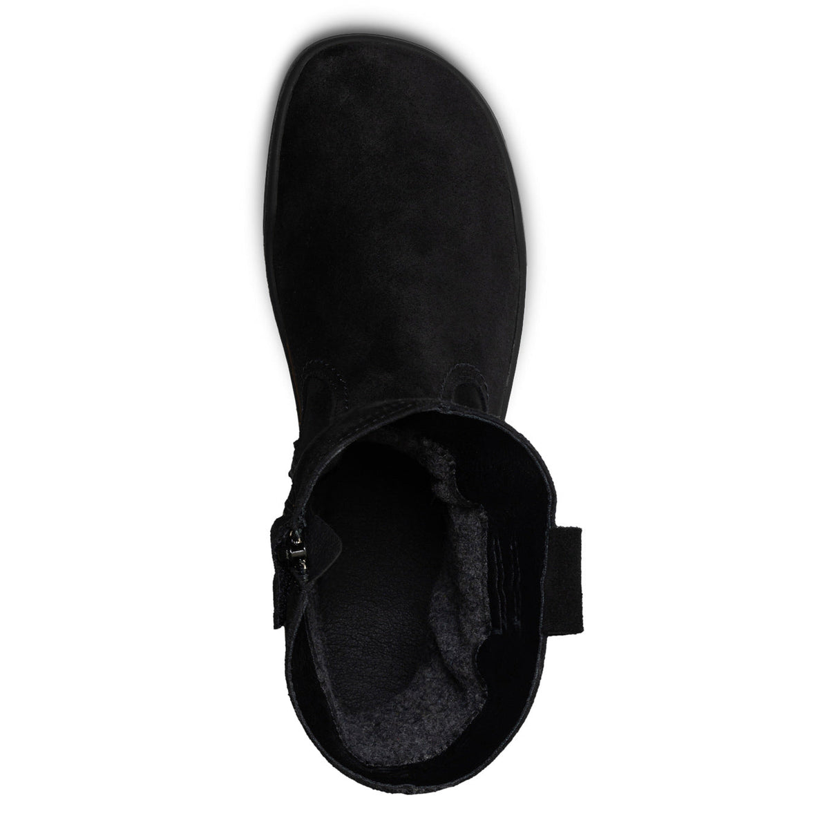 Blusun boots i svart mocka, visad uppifrån med minimalistisk design, mjuk ovandel och svart yttersula.