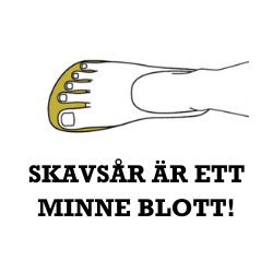 genomskärning av fot sett ovanifrån med tydlig fotformad tåbox med text under "Skavsår är ett minne blott"