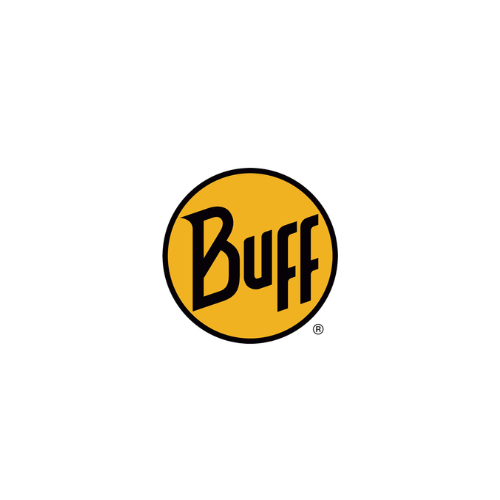 Buff-logotyp i svart text på gul cirkel, med svart kontur runt logotypen.