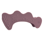 Närbild på en rosa tåseparator för höger fot från Correct Toes Sport, tillverkad i flexibel medicinsk silikon. Produkten visar en anatomisk fotillustration samt texten ”Correct Toes Sport R”.