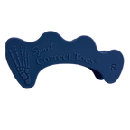Närbild på en blå tåseparator för höger fot från Correct Toes Sport, tillverkad i flexibel medicinsk silikon. Produkten visar en anatomisk fotillustration samt texten ”Correct Toes Sport R”.