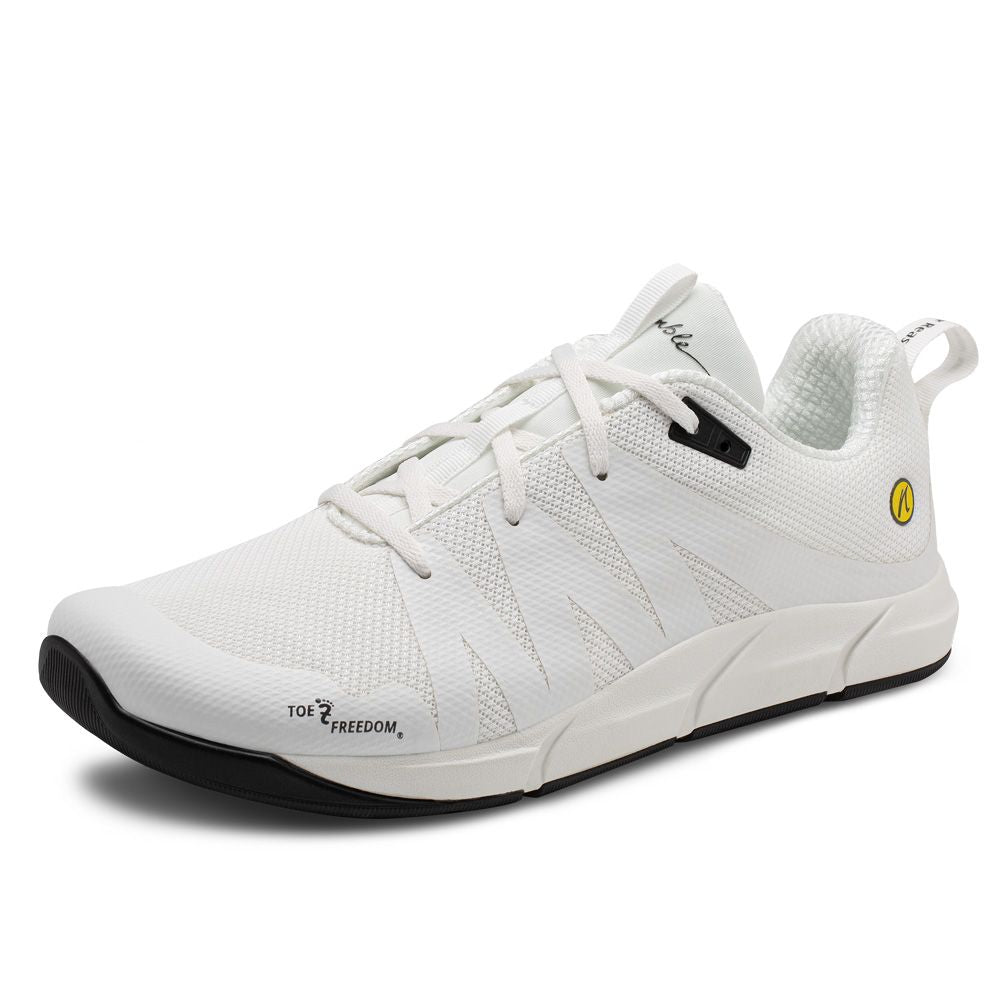 Vit löparsko från Joe Nimble, modell Addict, med bred tåbox, noll drop och minimalistisk design för naturlig fotrörelse och optimal komfort.