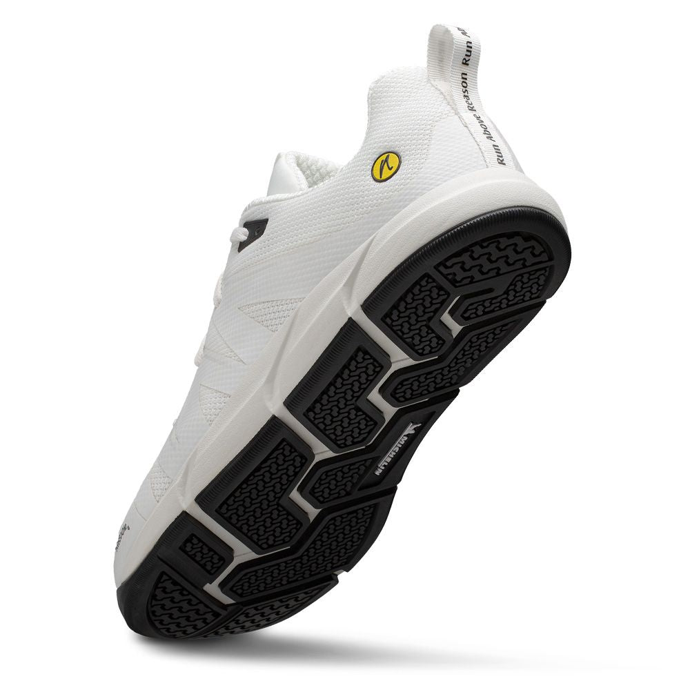 Vit löparsko från Joe Nimble, modell Addict, med bred tåbox, noll drop och minimalistisk design för naturlig fotrörelse och optimal komfort.