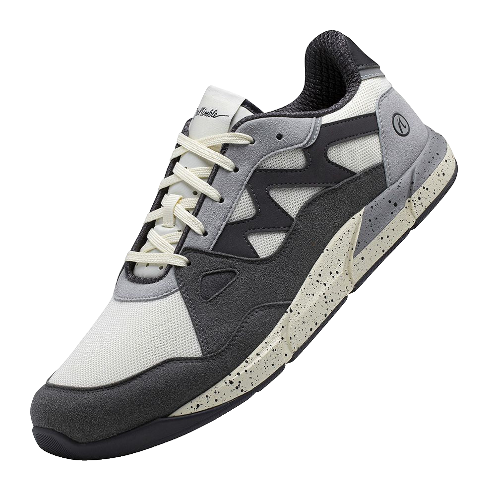 Joe Nimble Sneaker Addict – barfotasko för dam i grå, svart och offwhite med bred tåbox, flexibel yttersula och sportig design.