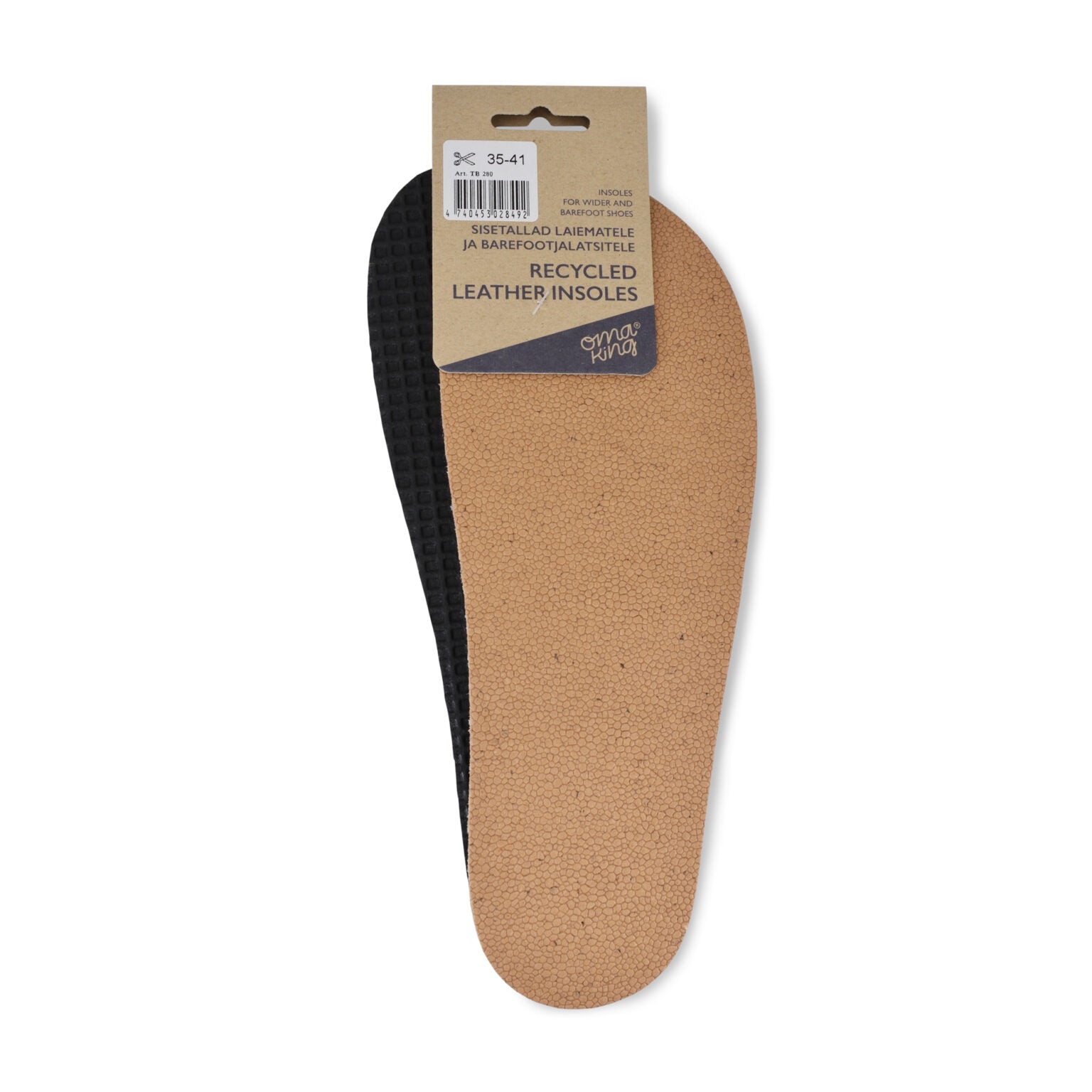 Brun innersula i återvunnet läder från OmaKing, modell Recycled Leather Insoles, anpassad för barfotaskor i storlek 35–41.