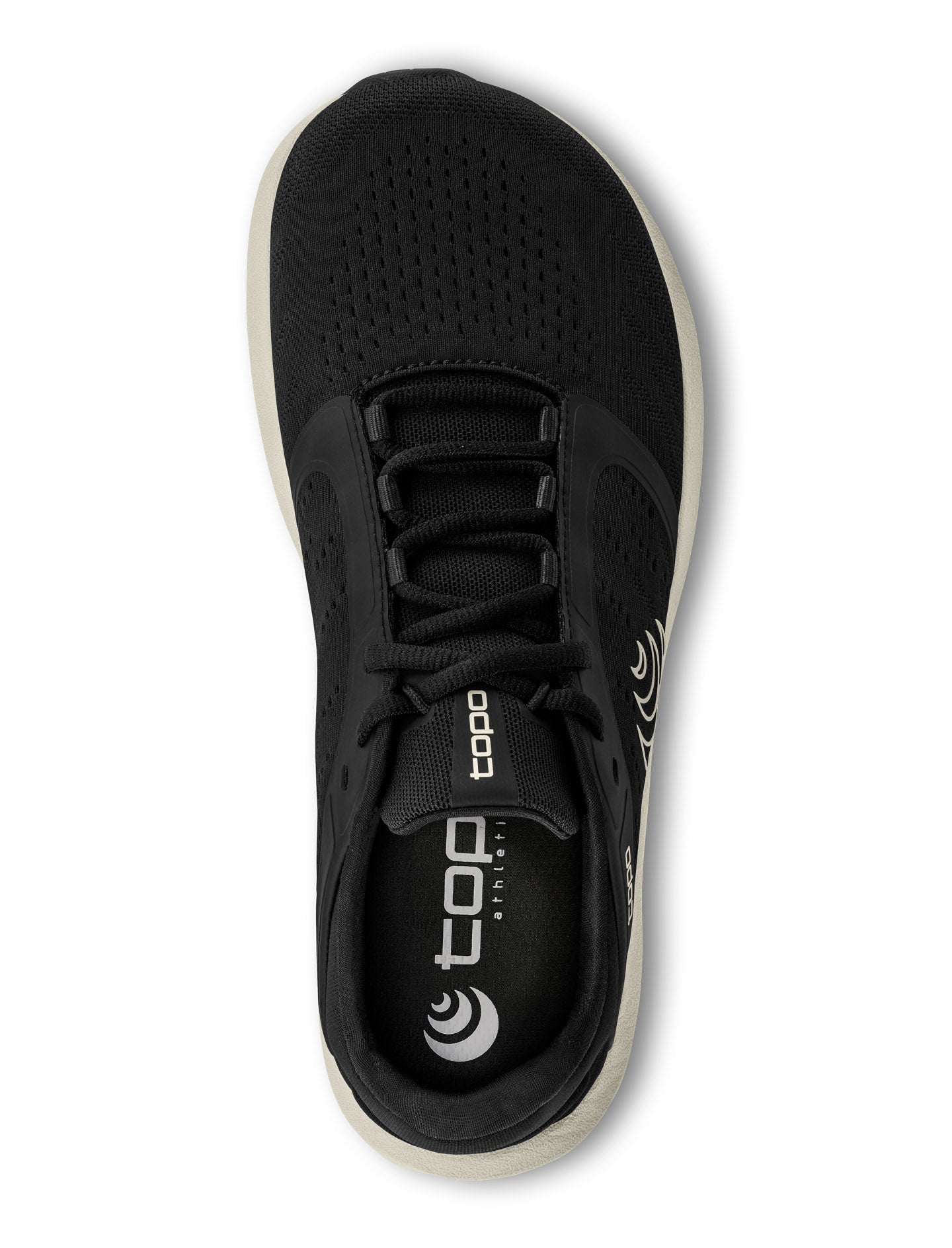 Svart löparsko från Topo Athletic med bred tåbox, ventilerande meshöverdel och vit sula – sedd från sidan.