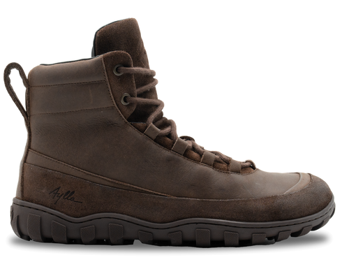 Aylla Ruraq Winter Boot Dam Brown – brun barfota-vinterkänga i läder med ullfiltsfoder, sidovy