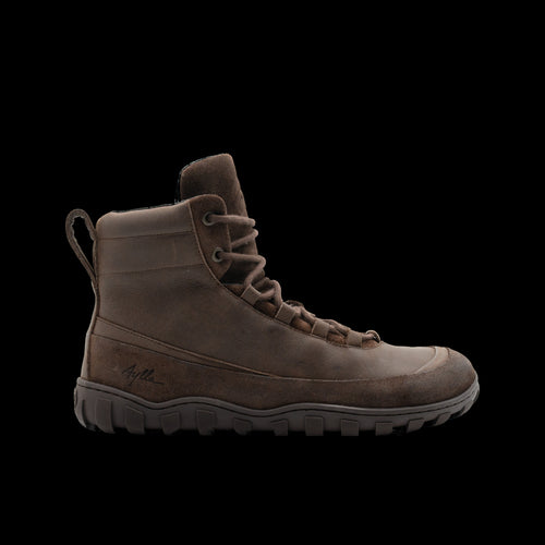Aylla Ruraq Winter Boot Dam Brown – brun barfota-vinterkänga i läder med ullfiltsfoder, sidovy