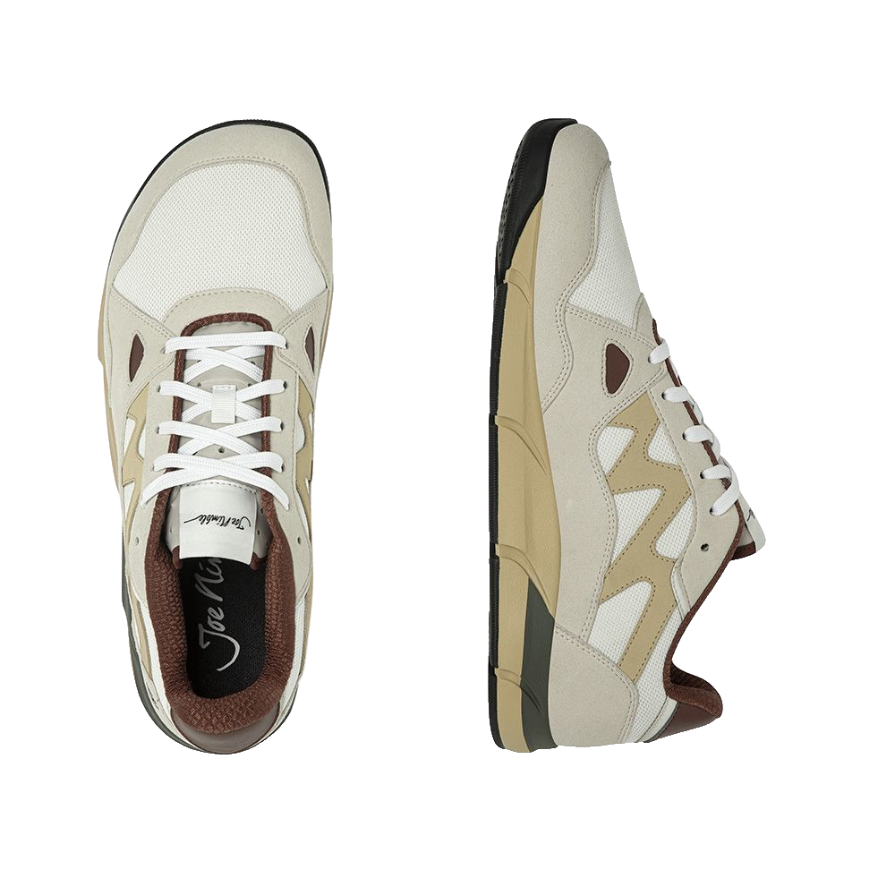 Joe Nimble Sneaker Addict barfotasko i svart, brun och sandfärgad kombination. Bred tåbox, andningsbar ovandel i mesh och lågprofilsdesign för naturlig fotrörelse.