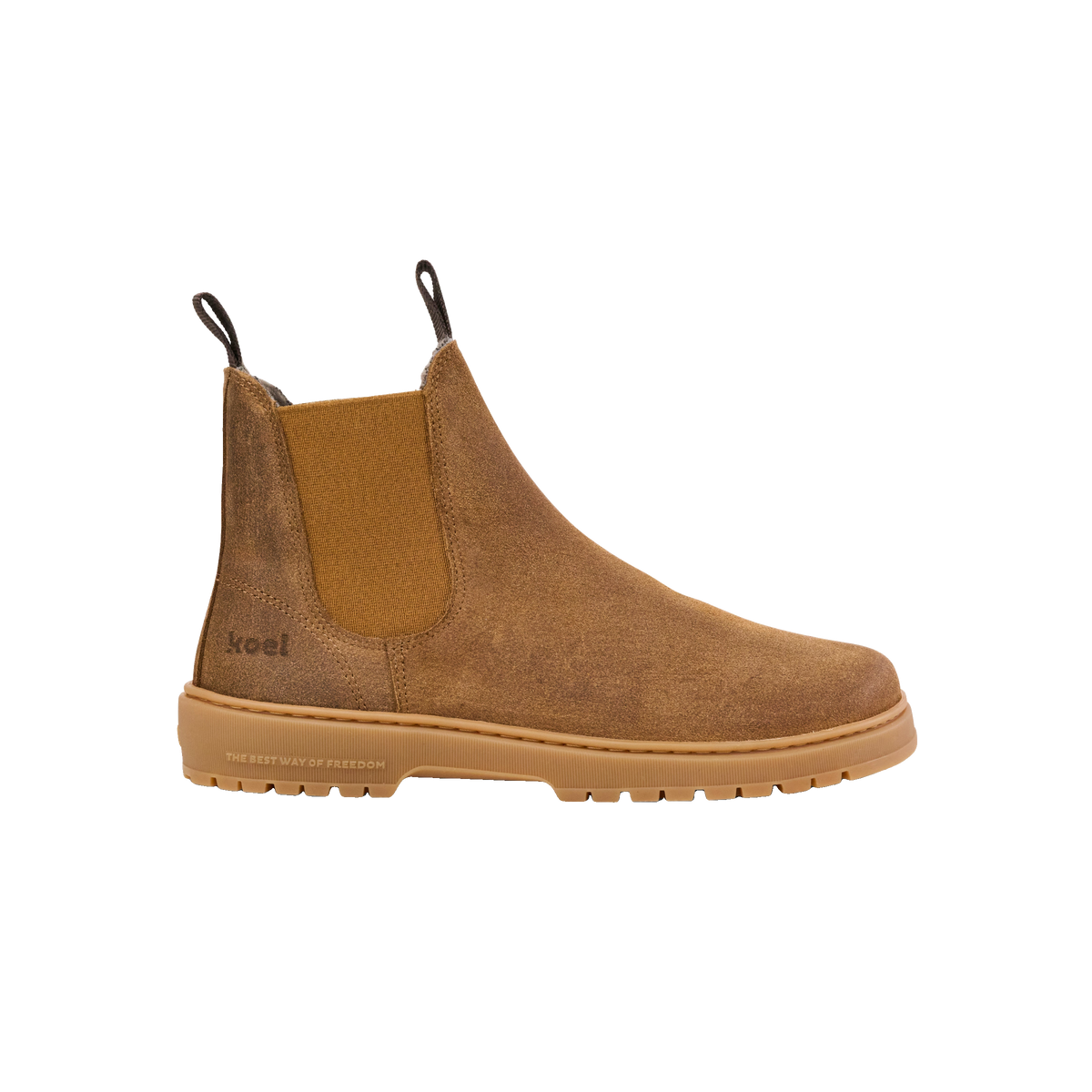 Koel Gavien Suede Felt Dam Cognac – filtfodrad barfota-chelseaboot i cognacfärgad mocka, sidovy
