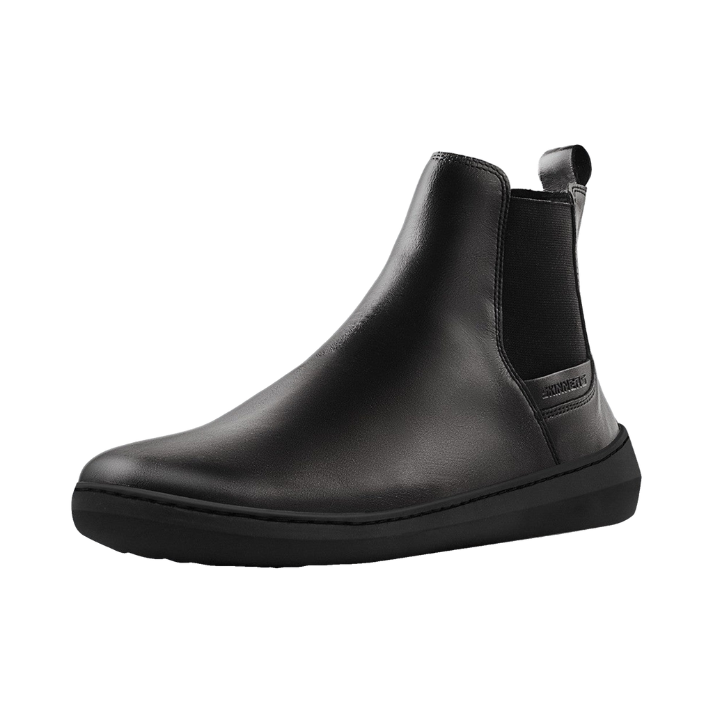 Skinners Chelsea Herr Black – chelseaboot i svart läder på barfotaläst, framvy