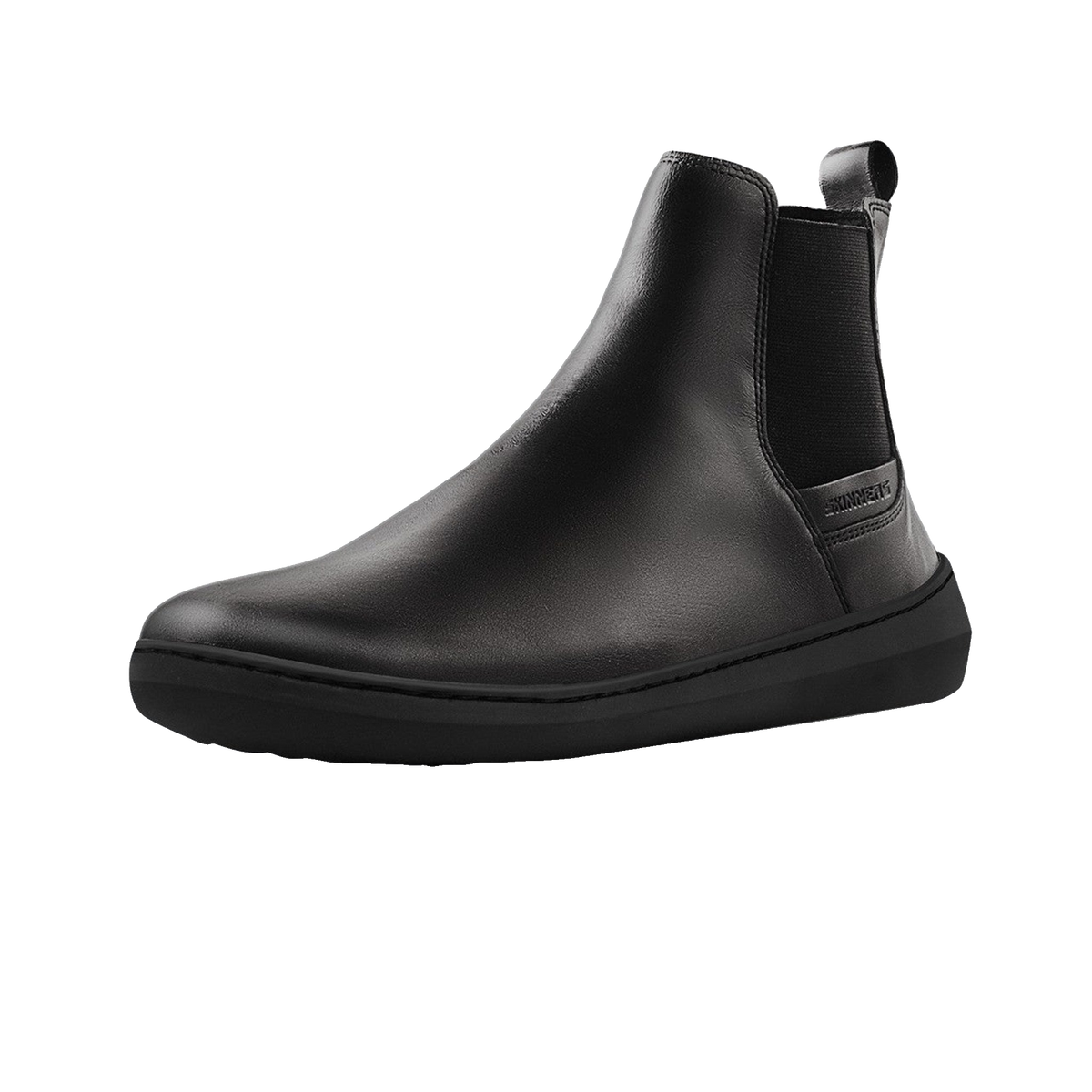 Skinners Chelsea Herr Black – chelseaboot i svart läder på barfotaläst, framvy
