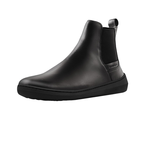 Skinners Chelsea Herr Black – chelseaboot i svart läder på barfotaläst, framvy