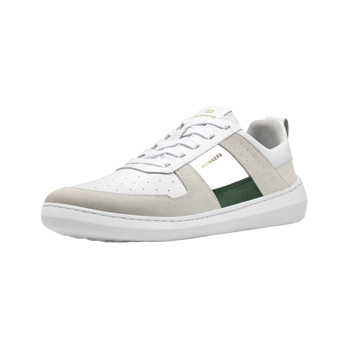 Skinners Oldschooler II Green/White – barfotasneaker i retrostil, framvy