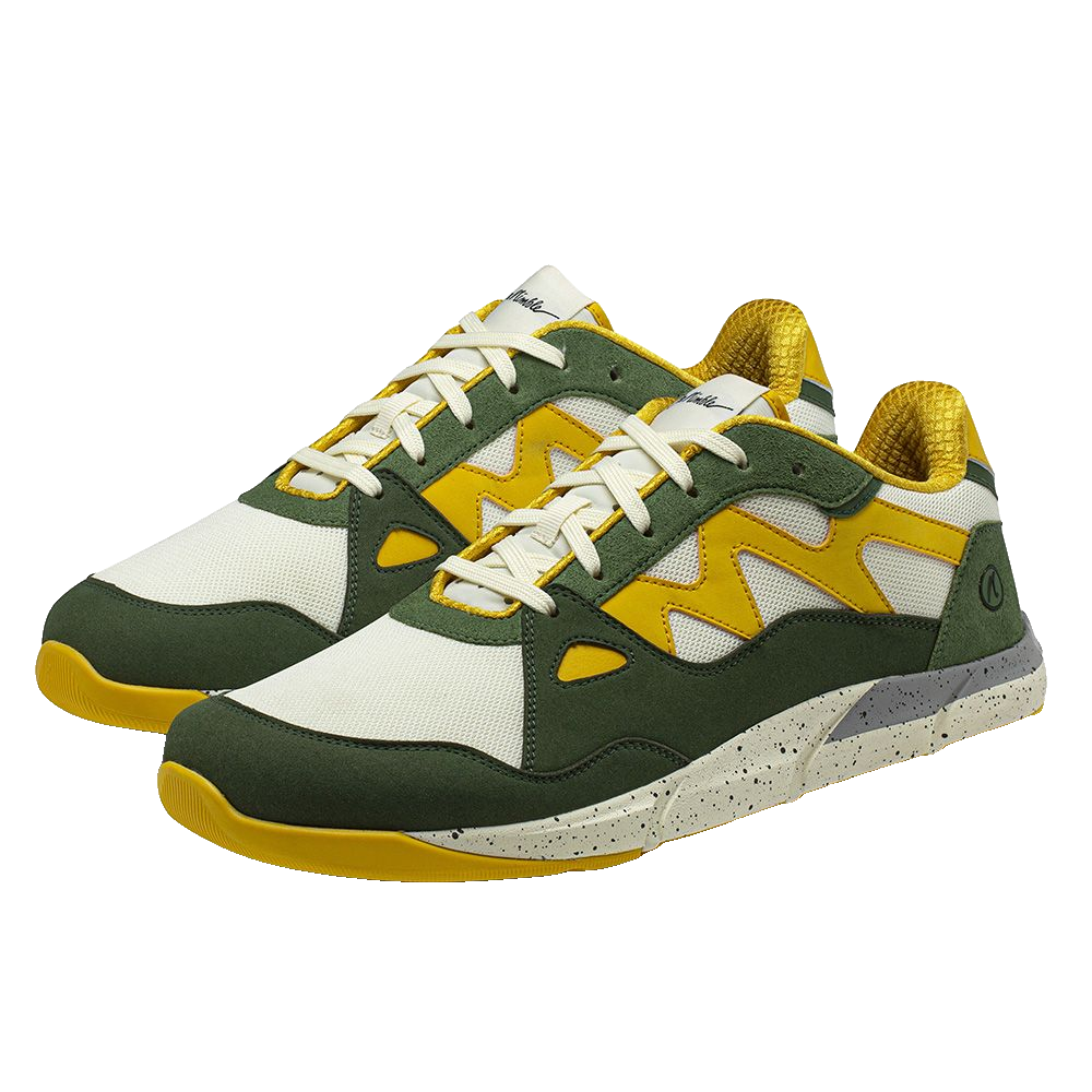 Joe Nimble Addict barfotasko för herr i grön, gul och vit färgkombination. Låg sneaker med bred tåbox, ventilerande ovandel och dämpad sula i stänkmönstrad grå-beige. Designad för naturlig rörelse och optimal komfort vid vardagsanvändning.
