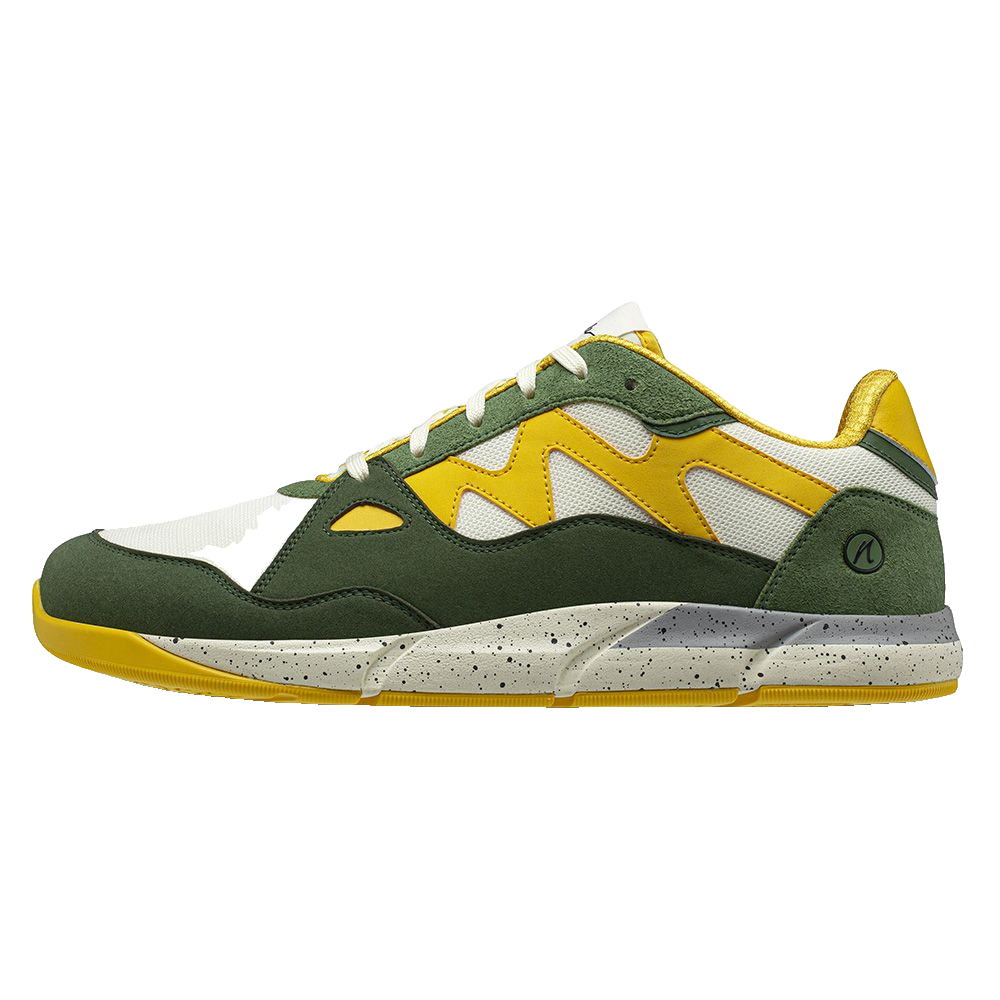 Joe Nimble Addict barfotasko för herr i grön, gul och vit färgkombination. Låg sneaker med bred tåbox, ventilerande ovandel och dämpad sula i stänkmönstrad grå-beige. Designad för naturlig rörelse och optimal komfort vid vardagsanvändning.